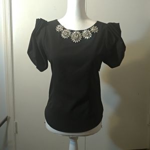 Black embellished top with gathered sleaves